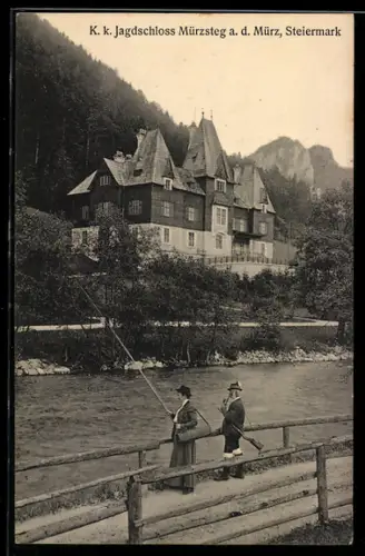 AK Mürzsteg a. d. Mürz, Jagdschloss mit Flussufer und Anglern