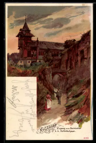 Lithographie Nussdorf, Zugang zum Bockkeller, k. k. Hofbräuhaus