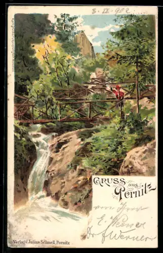 Lithographie Pernitz, Wasserfall mit Holzbrücke