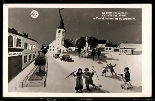 AK Traiskirchen, Schwankender Hauptplatz aus der Sicht eines Betrunkenen