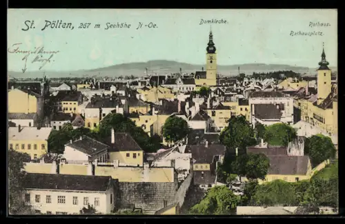 AK St. Pölten /N.-Oe., Panorama mit Domkirche und Rathausplatz