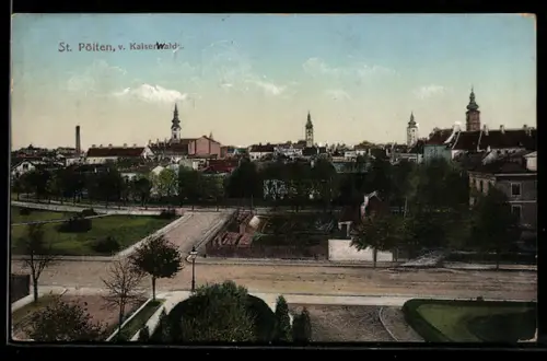AK St. Pölten, Blick v. Kaiser-Wald, Panorama mit Stadt und Kirchtürmen