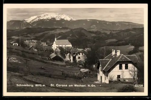 AK St. Corona am Wechsel, Dorf mit Kirche, Blick zum Schneeberg