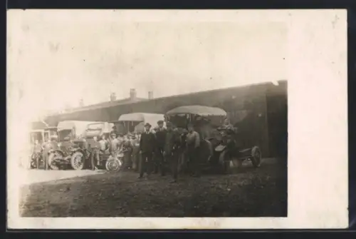 AK Birkesdorf, Autowerkstatt 1921, Männer mit Autos und Motorrädern