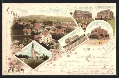 Lithographie Eibau, Oberschule, Niederschule, Kirche, Post, Bahnhof