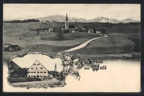 AK Wald /Allgäu, Gasthof zur Post, Blick zur Kirche