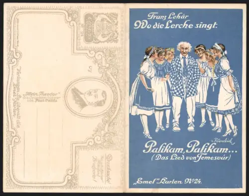 Klapp-AK Lied: Palikam Palikam, Operette Wo die Lerche singt v. F. Lehár, alter Herr mit jungen Damen