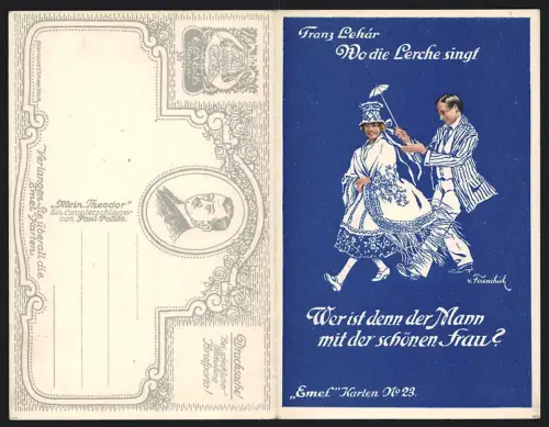 Klapp-AK Lied: Wer ist denn der Mann mit der schönen Frau?, Operette Wo die Lerche singt v. F. Lehár, Liebespaar