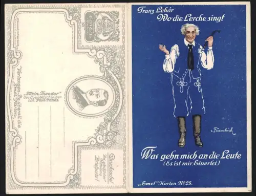 Klapp-AK Lied, Was geh`n mich an die Leute, Franz Lehár, Alter Mann mit Pfeife, Operette Wo die Lerche singt