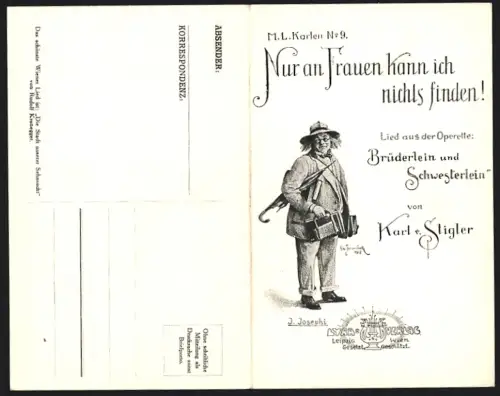 Klapp-AK Lied, Nur an Frauen kann ich nichts finden, Karl v. Stigler, Operette Brüderlein u. Schwesterlein