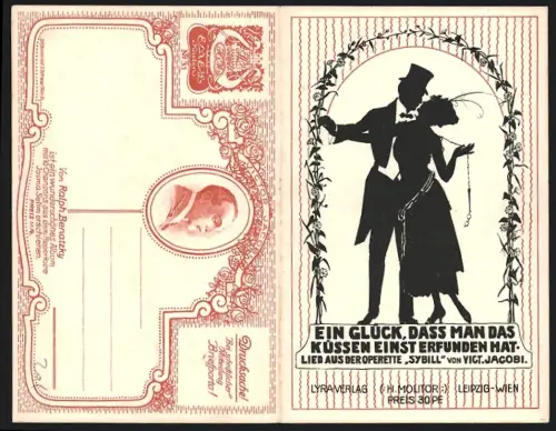 Klapp-AK Lied, Ein Glück, dass man das Küssen einst erfunden hat, Vict. Jacobi, Scherenschnitt, Operette Sybill