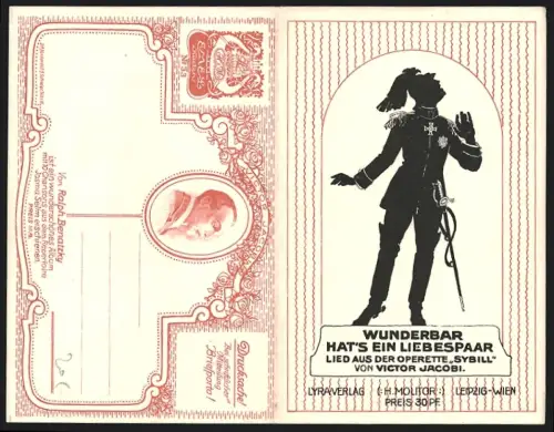 Klapp-AK Lied, Wunderbar hat`s ein Liebespaar, Victor Jacobi, Scherenschnitt von Soldat in Uniform, Operette Sybill