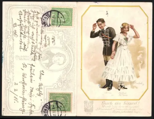 Klapp-AK Lied, Guck ein bisserl!, Franz Schubert, Duett, Mann in Husarenjacke und junge Frau, Operette Hannerl