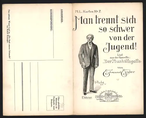 Klapp-AK Lied, Man trennt sich so schwer von der Jugend, Edmund Tysler, Mann mit Gehstock, Operette Der Aushilfsgatte
