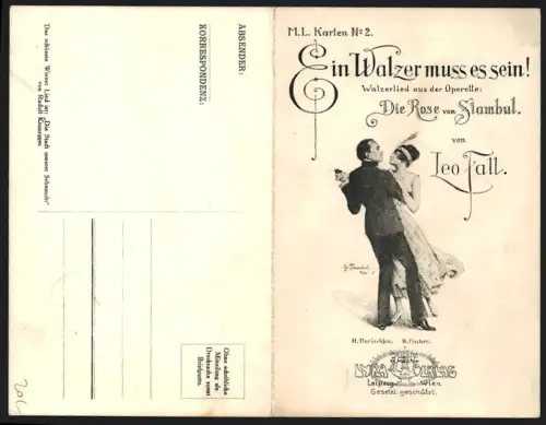 Klapp-AK Lied, Ein Walzer muss es sein, Leo Fall, Tanzendes Paar, Operette Die Rose von Stambul