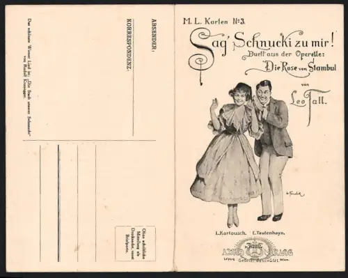Klapp-AK Lied, Sag Schnucki zu mir!, Leo Fall, Elegantes Paar, Operette Die Rose von Stambul
