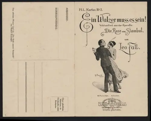 Klapp-AK Ein Walzer muss es sein!, Walzerlied aus der Operette Die Rose von Stambul von Leo Fall