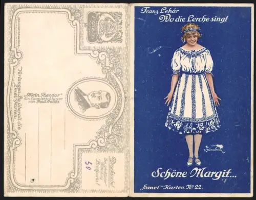 Klapp-AK Lied, Schöne Margit..., Franz Lehár, Frau im Kleid, Operette Wo die Lerche singt
