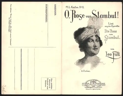 Klapp-AK Lied, O, Rose von Stambul, Leo Fall, Portrait einer hübschen Frau, Operette Die Rose von Stambul