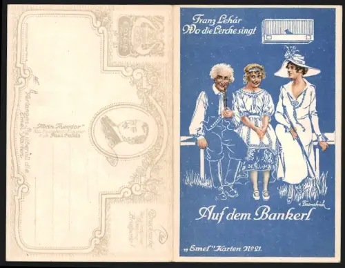 Klapp-AK Auf dem Bankerl, Lied aus der Operette Wo die Lerche singt von Franz Lehar