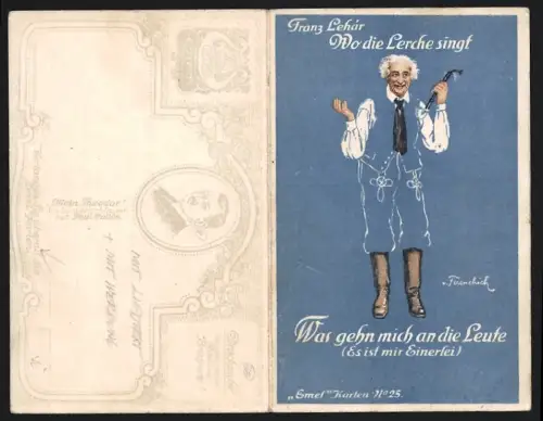 Klapp-AK Lied, Was geh`n mich an die Leute, Franz Lehár, Alter mann mit Pfeife, Operette Wo die Lerche singt