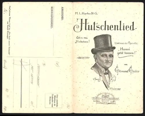 Klapp-AK Lied, Geh`n ma hutsch`n, Edmund Eysler, Mann mit Zylinder, Operette Hanni geht tanzen