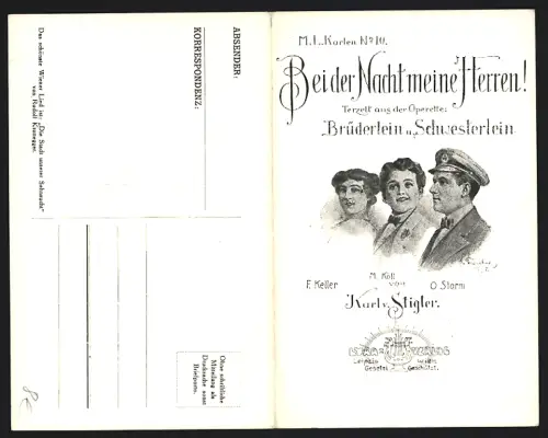 Klapp-AK Lied, Bei der Nacht meine Herrn, Karl v. Stigler, Portraits, Operette Brüderlein u. Schwesterlein