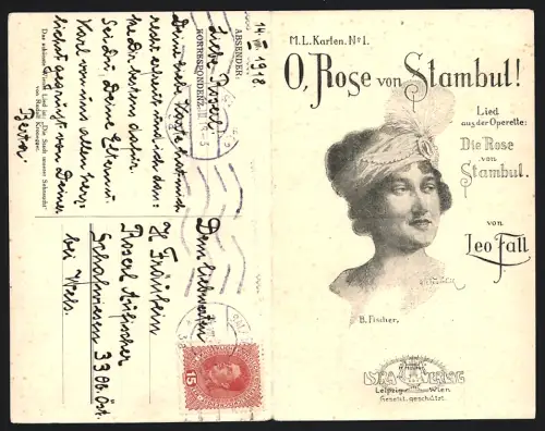 Klapp-AK Lied, O Rose von Stambul, Leo Fall, Portrait einer hübschen Frau, Operette Die Rose von Stambul