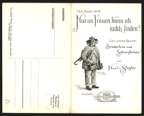 Klapp-AK Lied An Frauen nur kann ich nichts finden!, Karl v. Stigler, Mann mit Schirm, Operette Brüderlein & Schweste