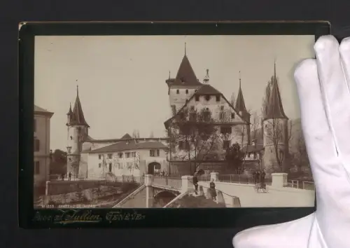 Fotografie J. Jullien, Geneve, Ansicht Nidau, Blick zum Schloss, Chateau de Nidau, Grossformat 25 x 16cm