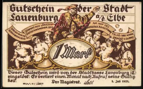 Notgeld Lauenburg an der Elbe 1921, 1 Mark, Narr im bunten Kostüm mit Kindern und Segelschiff