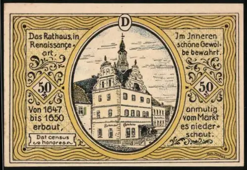 Notgeld Colditz 1921, 50 Pfennig, Rathaus im Renaissance-Stil und Stadtwappen von Sachsen