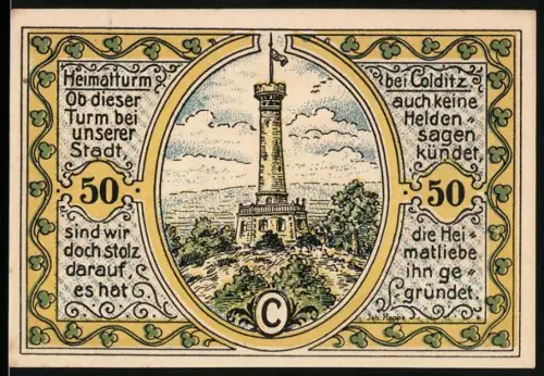 Notgeld Colditz 1921, 50 Pfennig, Heimat-Turm und Stadtwappen von Colditz