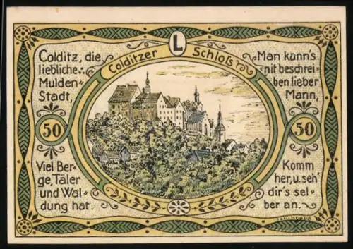Notgeld Colditz 1921, 50 Pfennig, Schloss Colditz und Stadtwappen Sachsen