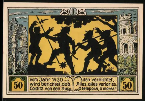Notgeld Colditz 1921, 50 Pfennig, historische Szene mit Burgruine, Hussiten zerstören 1430 Colditz, Wappen Stadt Colditz