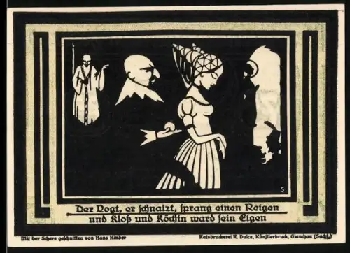 Notgeld Auerbach i. Vogtland 1921, 75 Pfennig, humoristisches Scherenschnitt-Motiv mit Tracht und Figuren