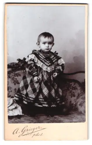 Fotografie A. Grieger, Berlin, Neue-König-Str. 51, Kind in kariertem Kleid, Weissensee 1907