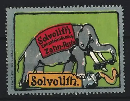 Reklamemarke Solvolith, Zahnsteinlösende Zahn-Pasta, Elefant mit Zahnbürste