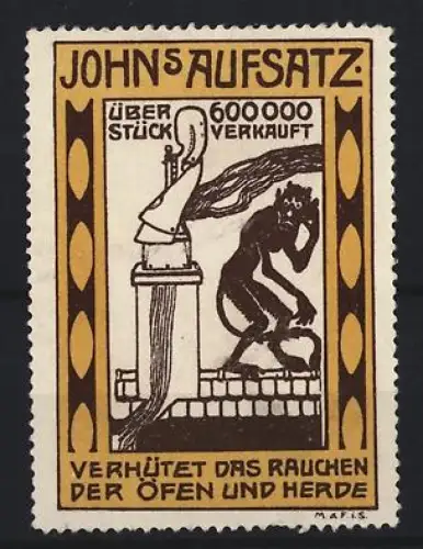 Reklamemarke Johns Aufsatz, Rauchverhütung bei Öfen und Herden, Teufelssymbol