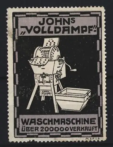 Reklamemarke Johns Volldampf, Waschmaschine über 200.000 verkauft, Waschmaschine und Wanne