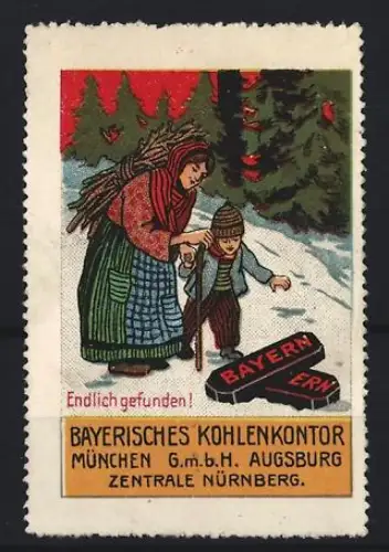 Reklamemarke München, Bayerisches Kohlenkontor, Frau mit Kind im Schnee