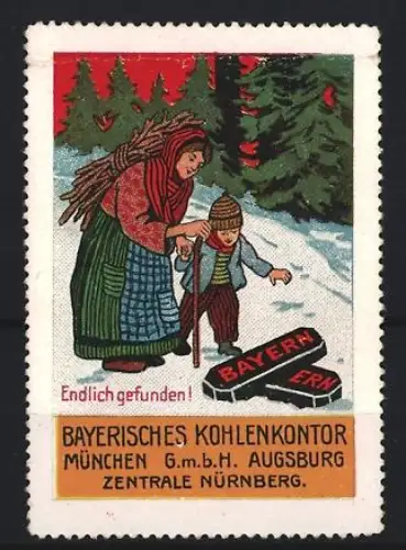 Reklamemarke München, Bayerisches Kohlenkontor, Frau mit Kind im Schnee