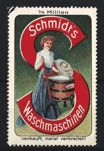 Reklamemarke Schmid`s Waschmaschinen, Frau mit Waschmaschine