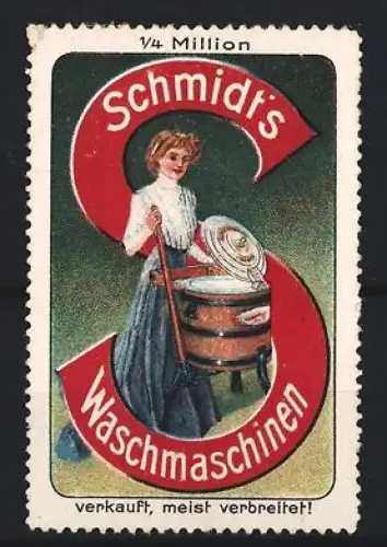 Reklamemarke Schmidt`s Waschmaschinen, Frau mit Waschmaschine