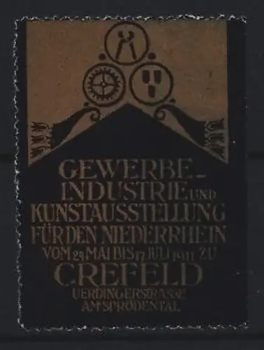 Reklamemarke Crefeld, Gewerbe-Industrie und Kunstausstellung 1901, Zahnräder und Symbole