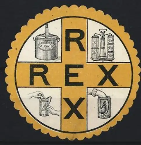 Reklamemarke Rex, Konservendose und Flaschenpumpe
