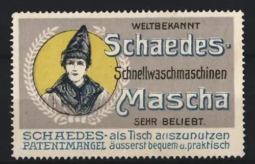 Reklamemarke Schaedes Mascha, Schnellwaschmaschinen, Frau mit Hut
