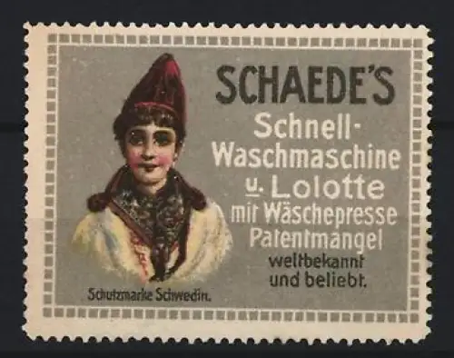 Reklamemarke Schaede`s Schnell-Waschmaschine, Frau in Tracht