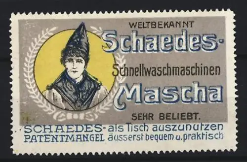 Reklamemarke Schaedes, Schnellwaschmaschinen Schaedes Mascha, Frau mit Hut