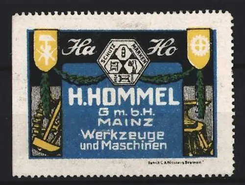 Reklamemarke Mainz, H. Hommel G.m.b.H. Werkzeuge und Maschinen, Schutzmarken-Logo